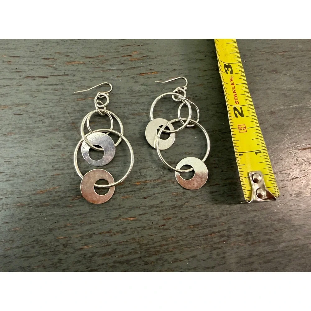 Silver Tone Multi Circle Geometric Dangle Drop Earrings Modernist Tiered Disc
